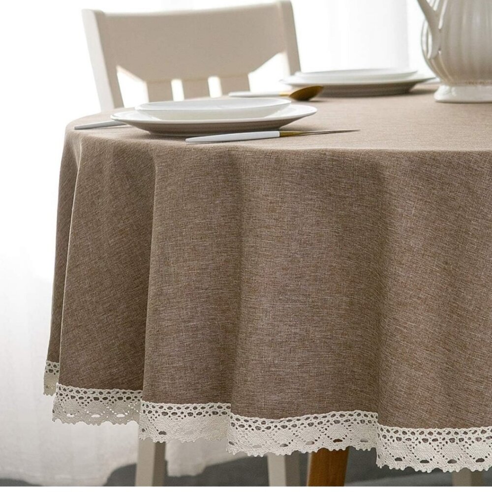 Tan 70 Inch Round Tablecloth with Lace Hem
